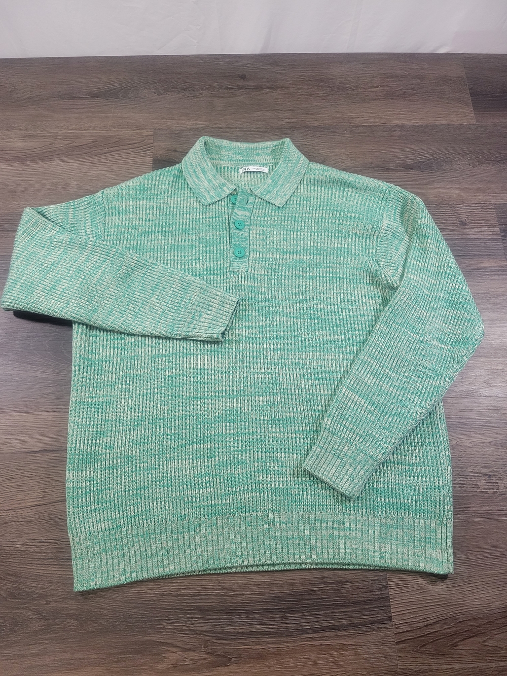 Zara Men Size L Green White Cotton Knit Collared Button Neck Pullover